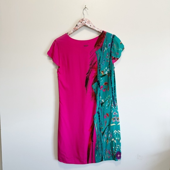NWT DESIGUAL Pink & Teal Feather Print Shift Dress Women’s Size 2 - Picture 9 of 10